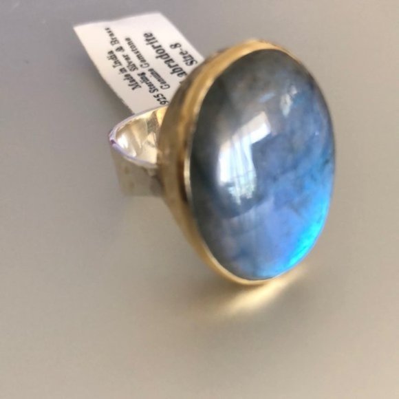YS India Oval Labradorite Light Blue Ring in sterling silver 925 & Brass Sz.8 - Picture 7 of 16